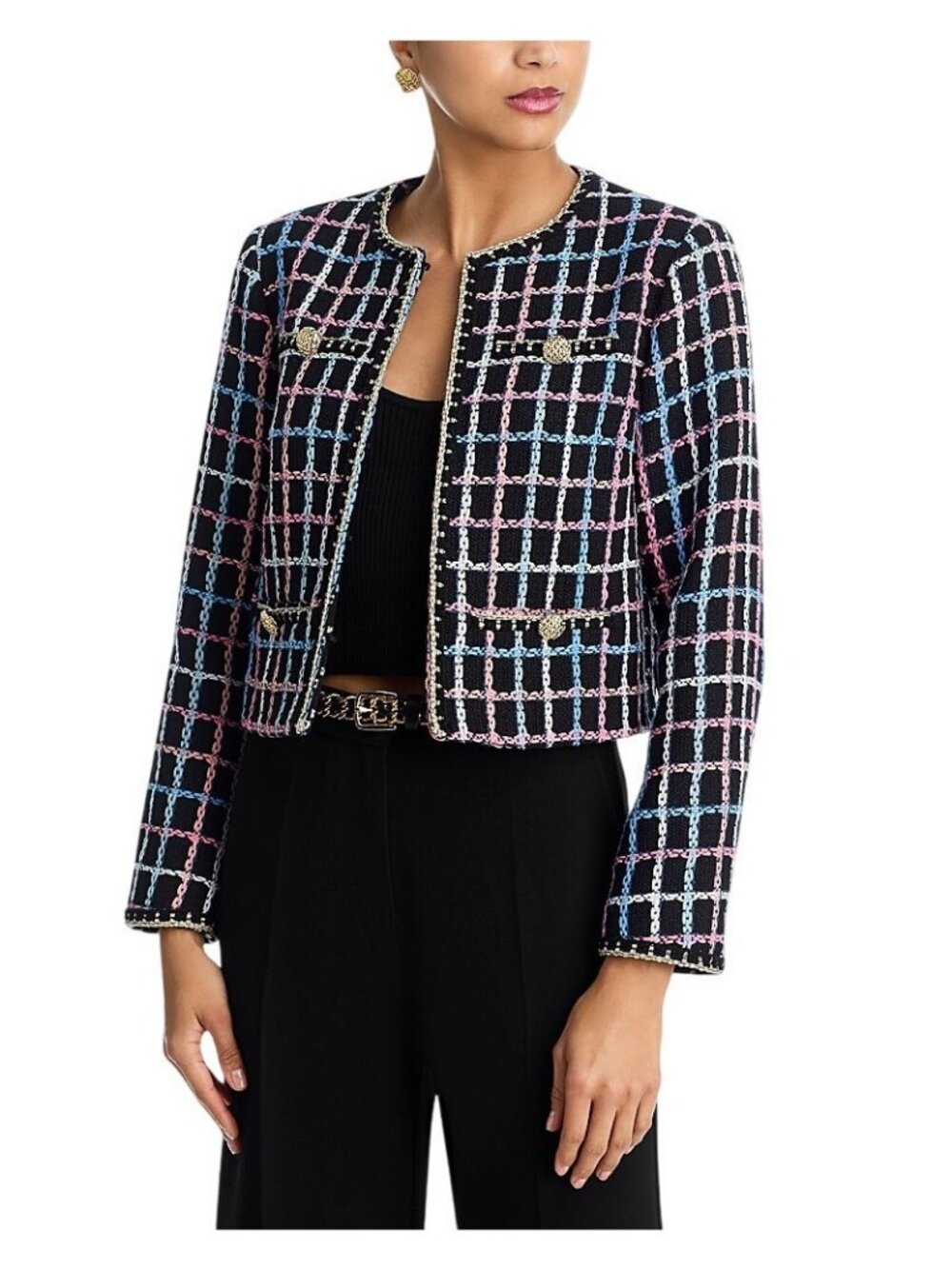 NWT Aqua Chainlink Print Tweed Blazer Jacket IJM31046 Black Multi S